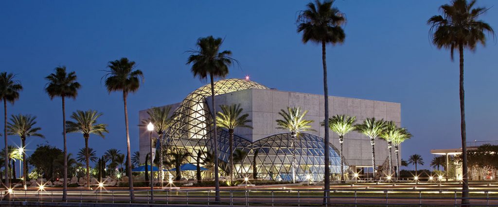 Dali Museum nighttime building exterior view from waterfront