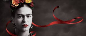 Frida Kahlo with red ribbon detail wrapped around her