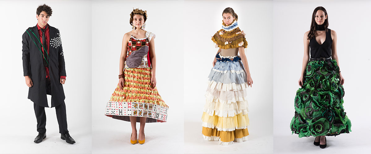 Student fashion designs inspired by Salvador Dali, showcased by four models