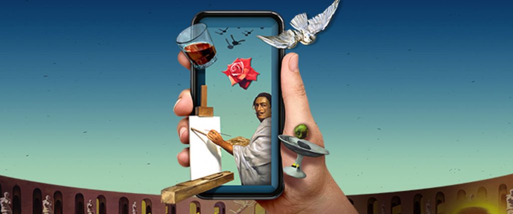 Hand holding a smartphone with Dalí coming out of the phone.