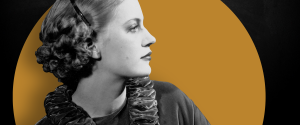 Black and white photographer of Lee Miller superimposed over mustard and black background