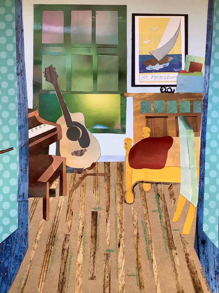 A colorful room with a piano and guitar