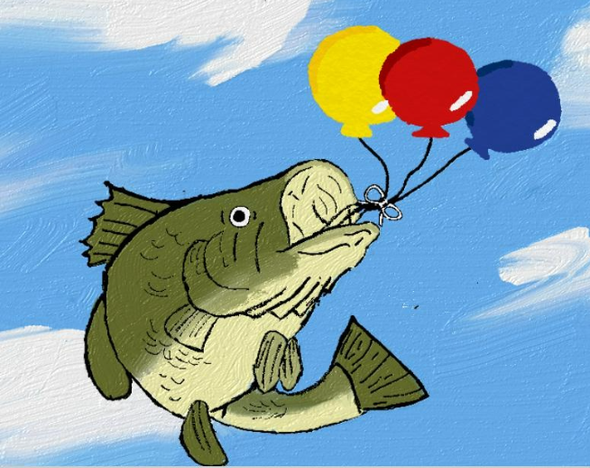 A fish is flying with three balloons in its mouth