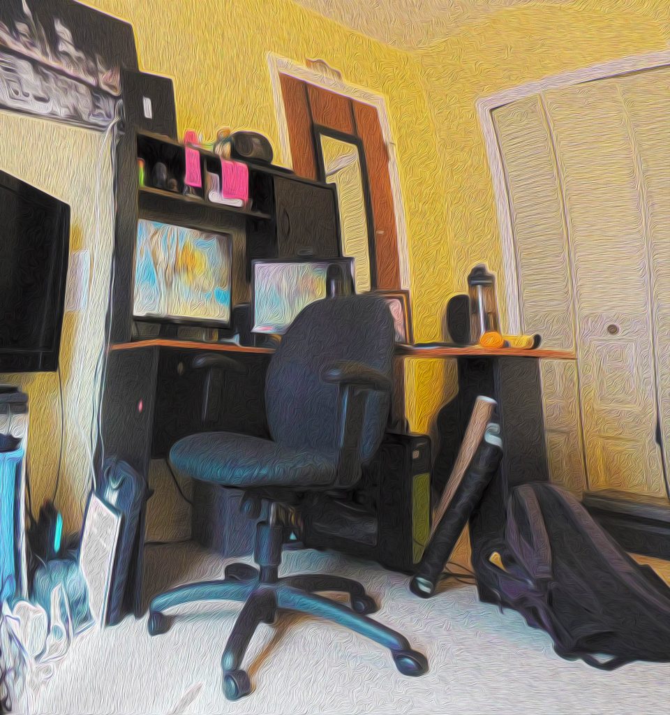 A room with a chair and desk