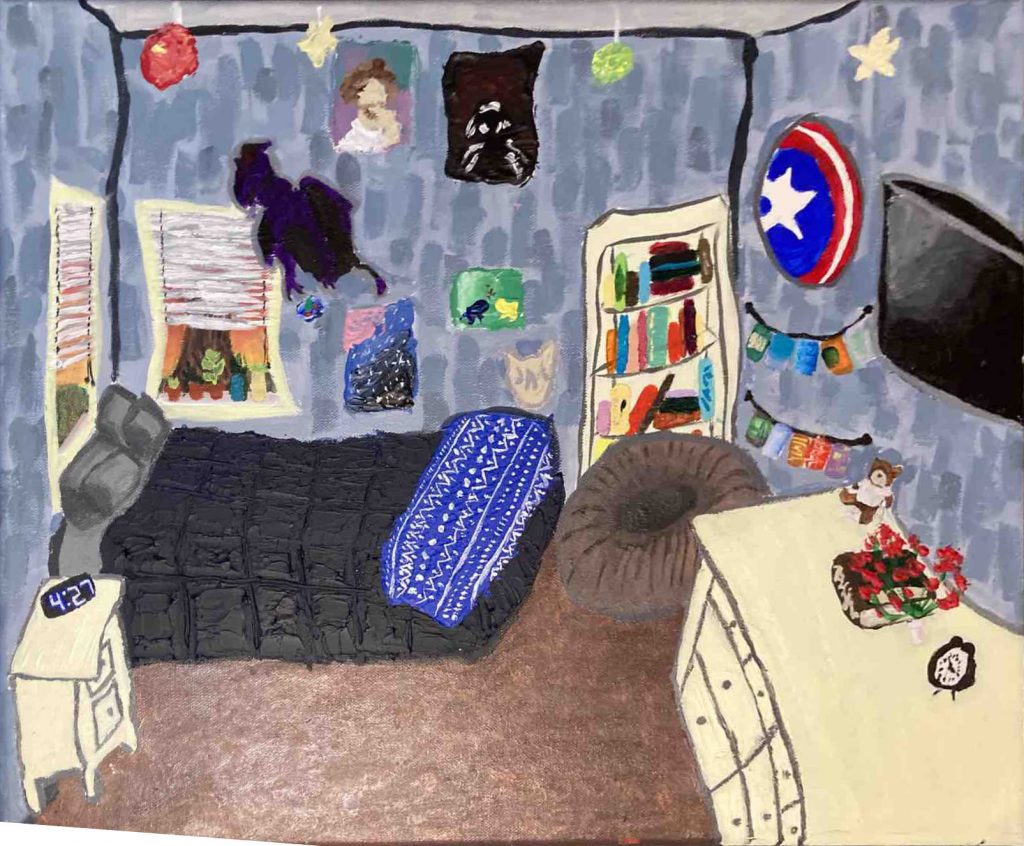 A bedroom with blue walls and Captain America shield on the wall