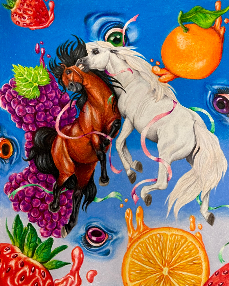 A brown and white horses are up in the air along with grapes, oranges and strawberries