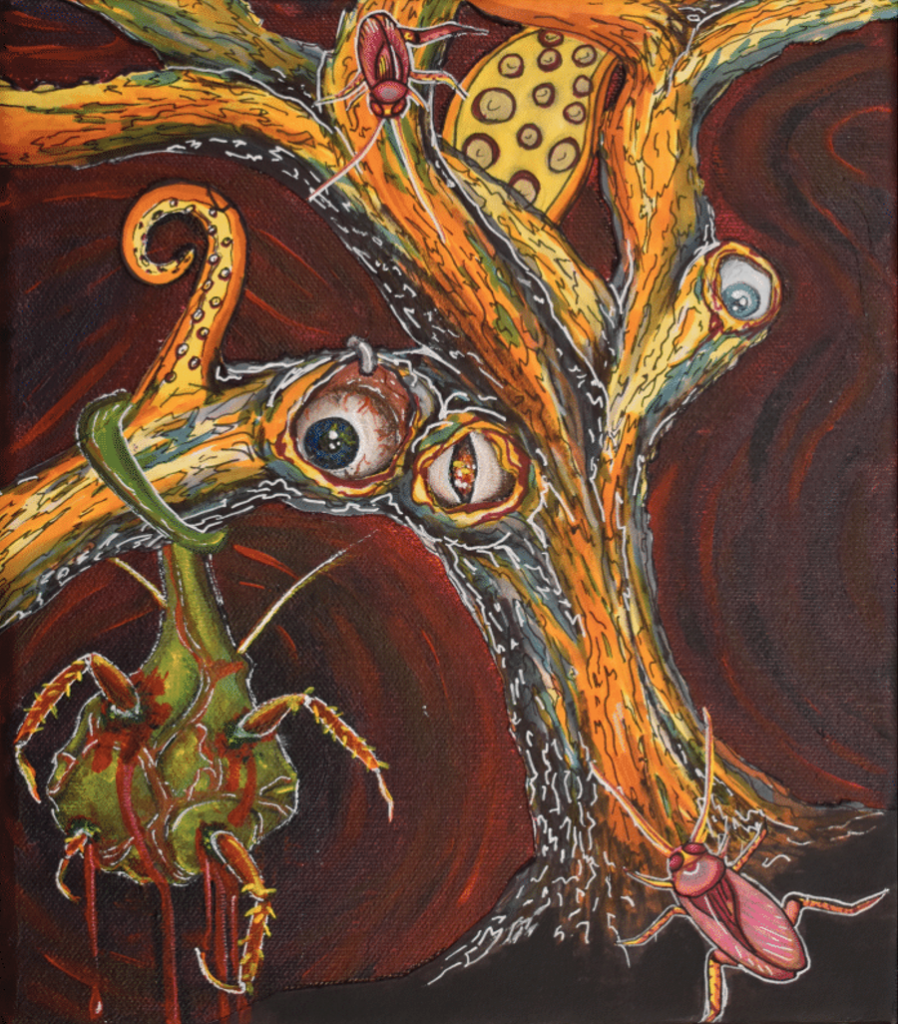 Drawing of red and orange tree made up of insects, eyes, and tentacles.
