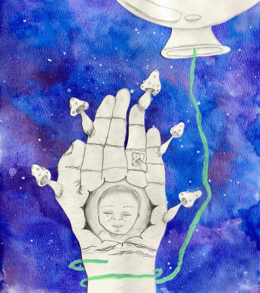 A hand in space with mushrooms coming out of its fingertips and a baby face in the palm