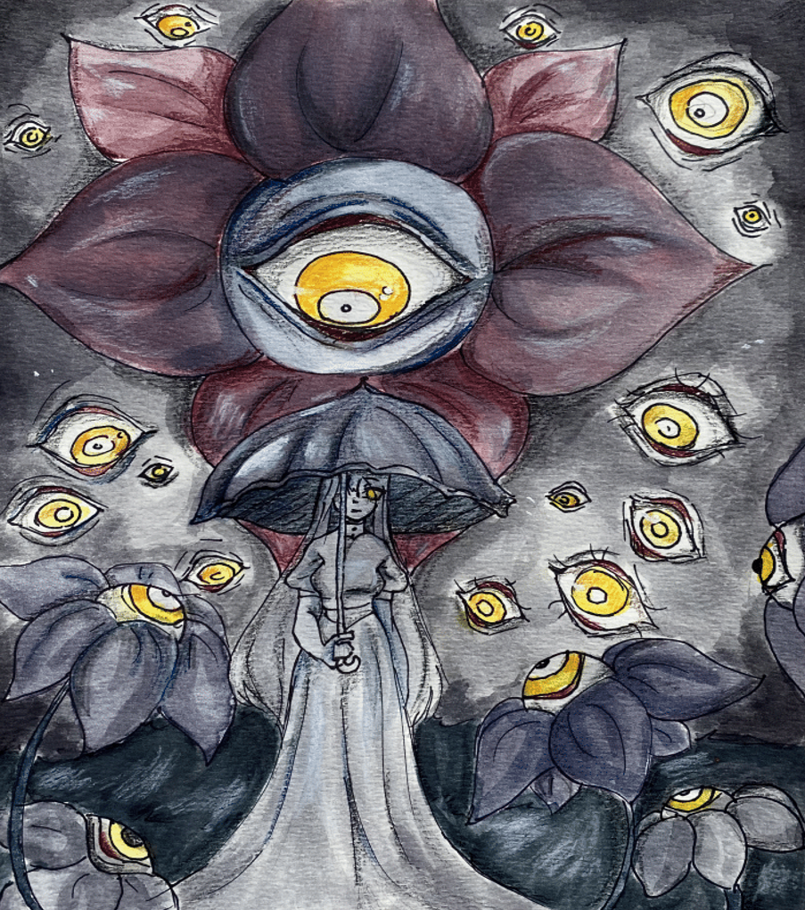 Drawing of woman with umbrella surrounded by flowers with yellow eyes.