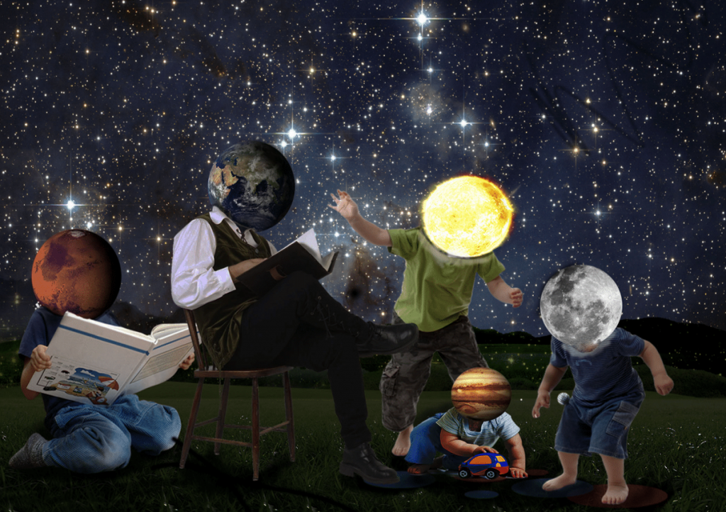 A man and four children with their heads as planets are reading