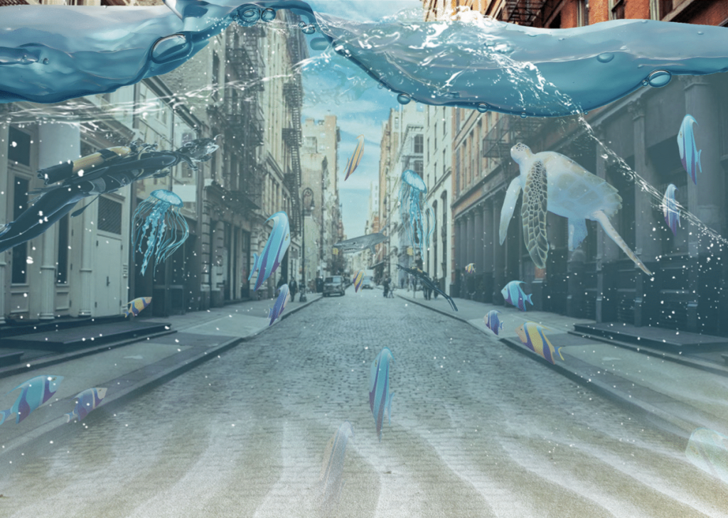 A street filled with water and sea creatures