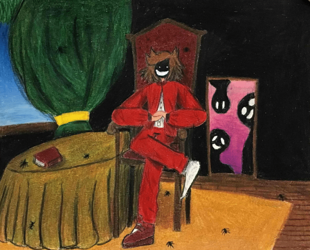 A human-like creature in a red suit sitting in a gothic living room