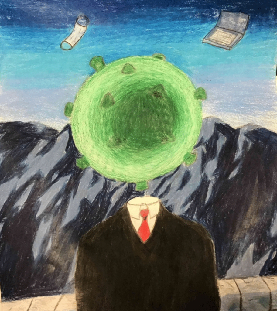 A suit with a virus as its head
