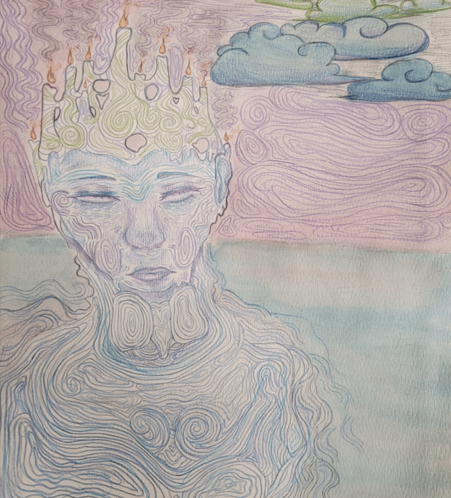A colorful sketch of a woman with a crown made of candles