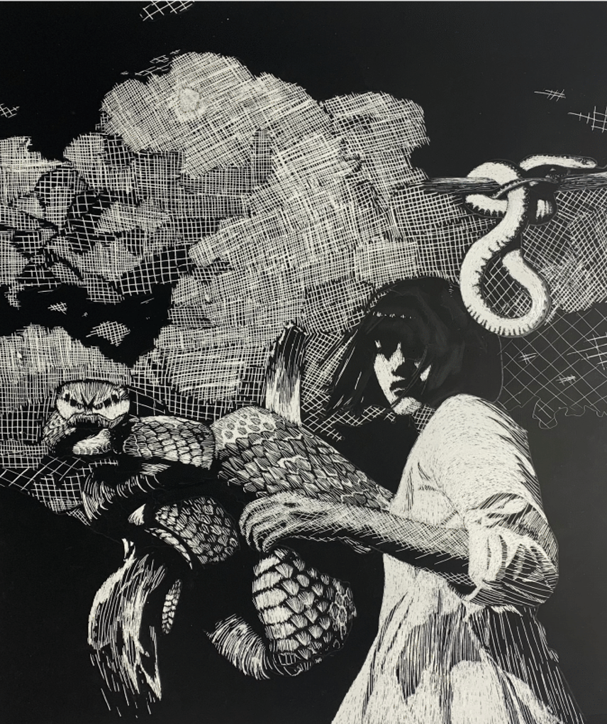 A black and white painting of a woman with snakes