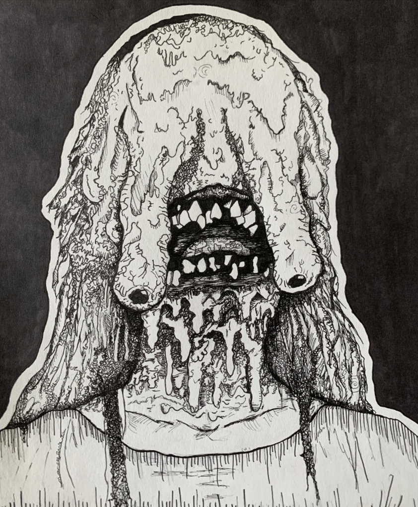 Black and white drawing of melting creatures head.
