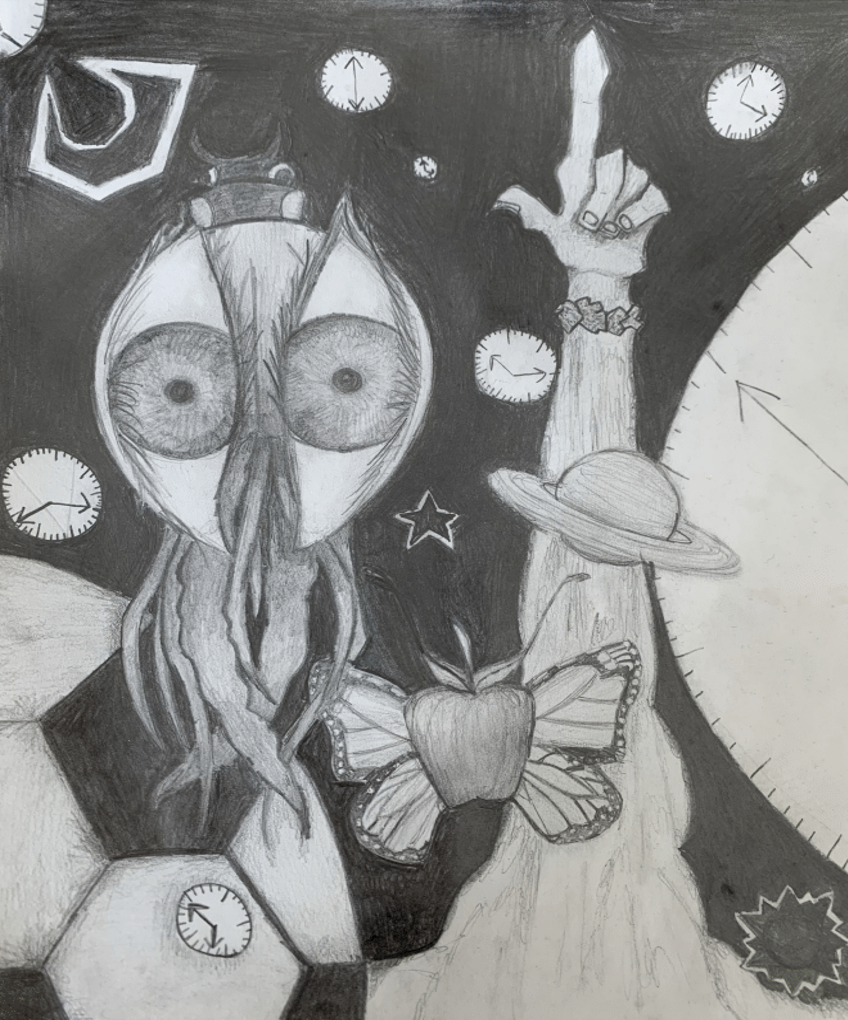 Black and white drawing of bug with eyes for wings, pointing human hand, apple with wings, clocks, and soccer balls.