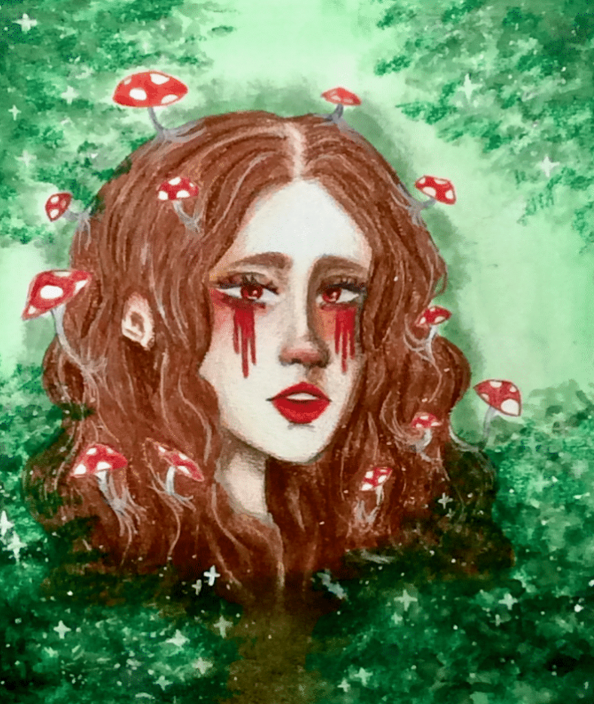 A portrait of a woman crying blood, with mushrooms on her head