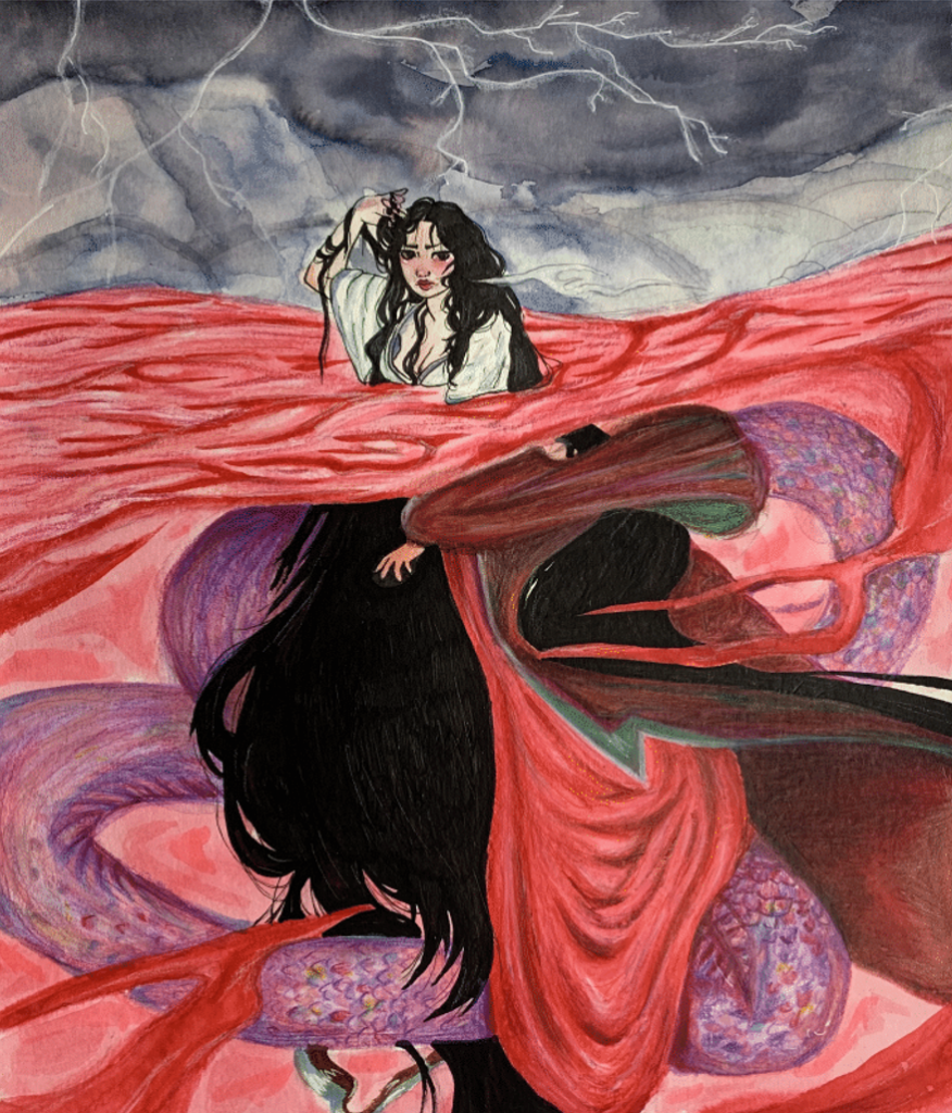 A young woman with long black hair is in the midst of a pink colored storm
