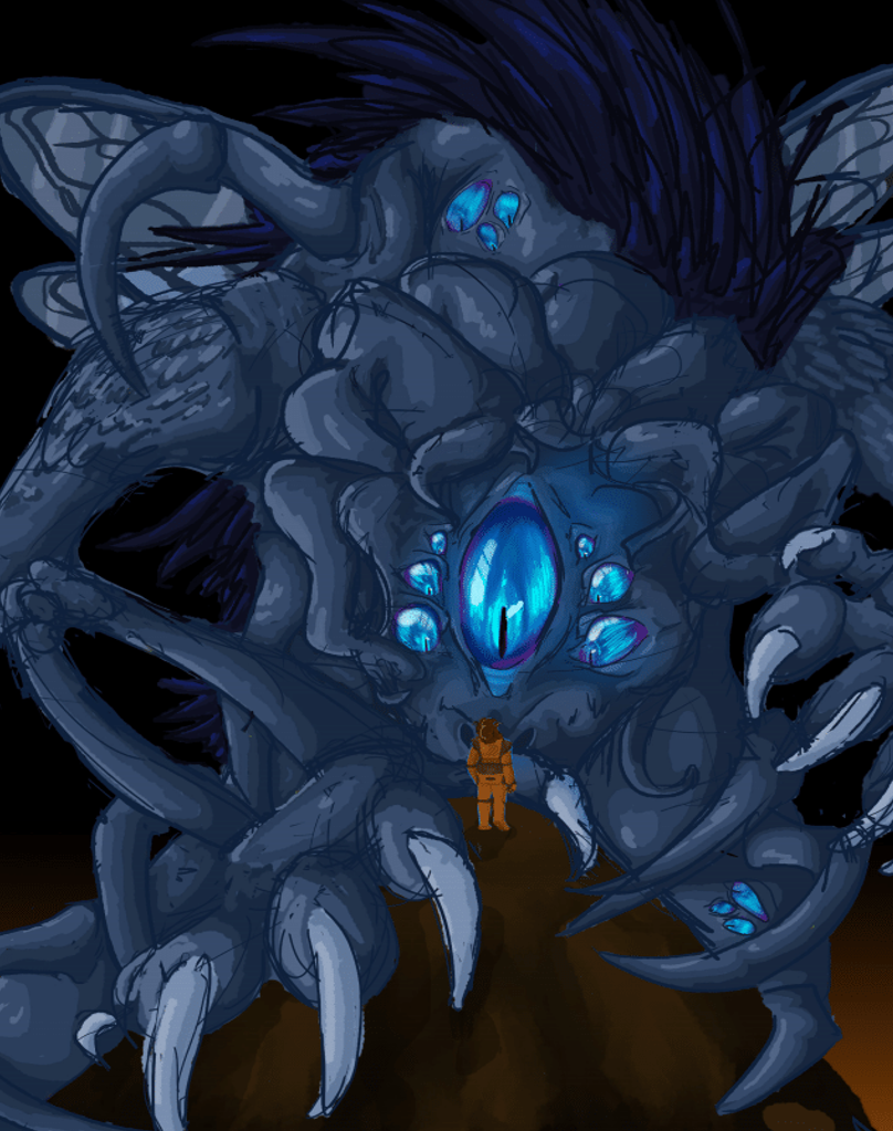 An orange human-like figure is looking at a large blue claw with a door-like opening in its palm