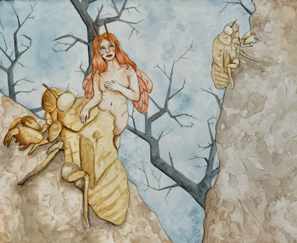A naked woman with orange hair is sitting on a tree in the forest