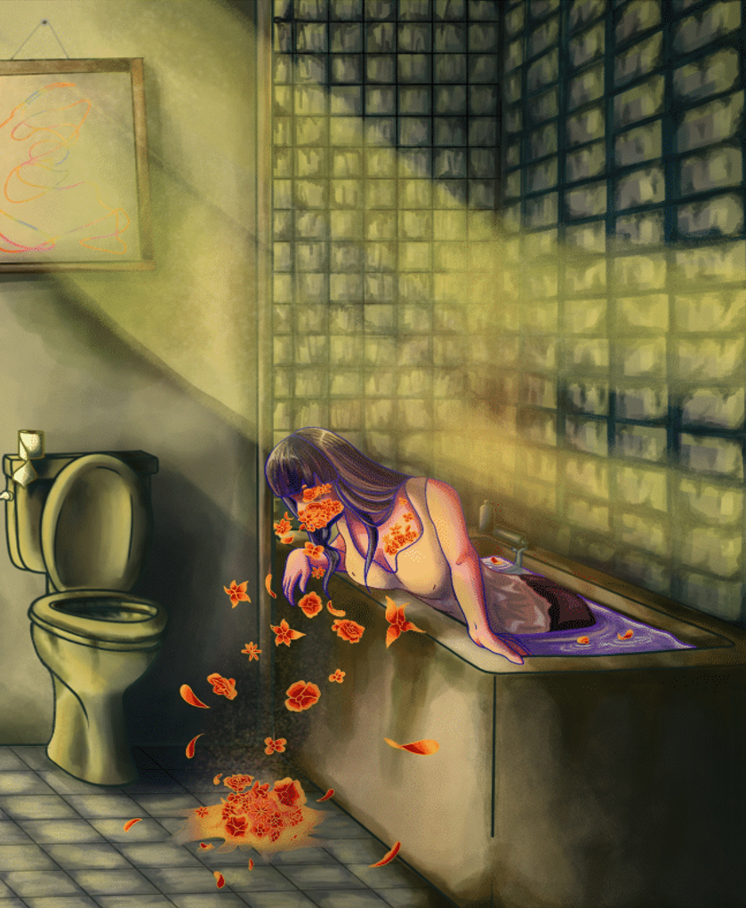 A woman in a bathtub with purple water