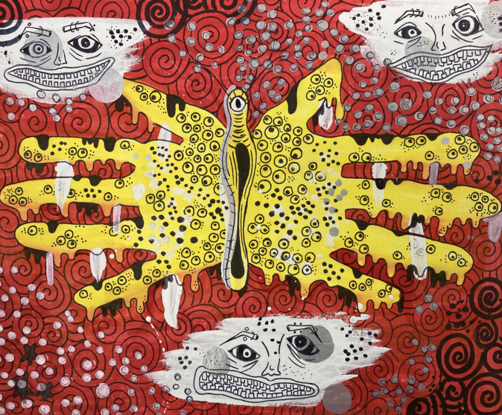 Drawing of yellow butterfly with human hands for wings. Surrounded by distorted human faces. In front of red patterned background.