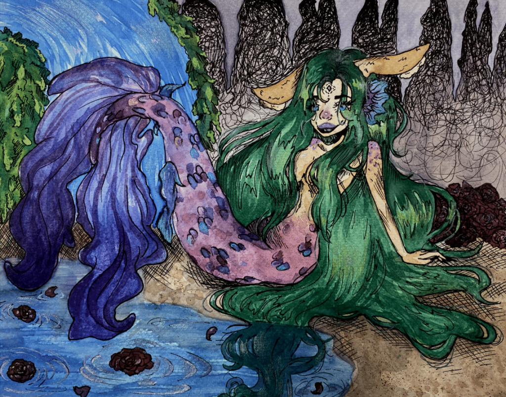 A mermaid with green and long hair sitting on the beach
