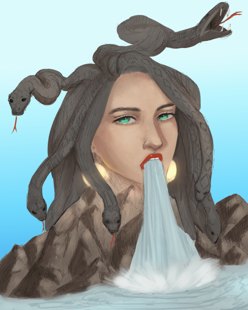 A woman with her hair as snakes, spewing a waterfall