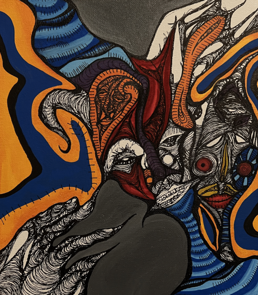 Drawing of horned figure surrounded by orange, red, and blue patterned waves of color.