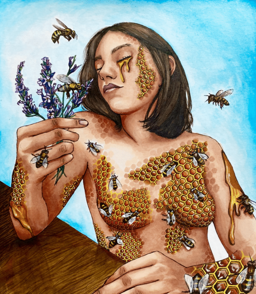 A woman covered in bee hives, holding a flower