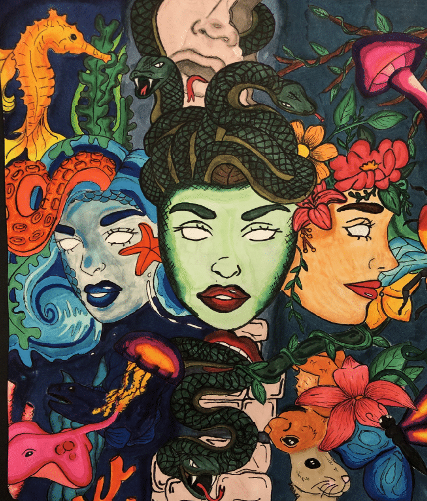 Three woman's heads. One surrounded by sea creatures, one by snakes, and one by flowers.