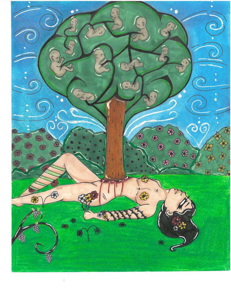 A naked woman lying on the ground, giving birth to a tree with babies in leaves