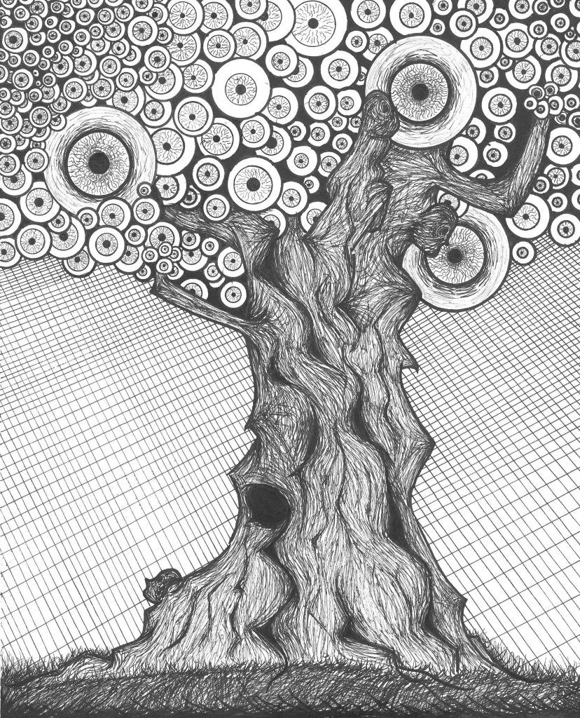A sketch of a tree with eyes on it