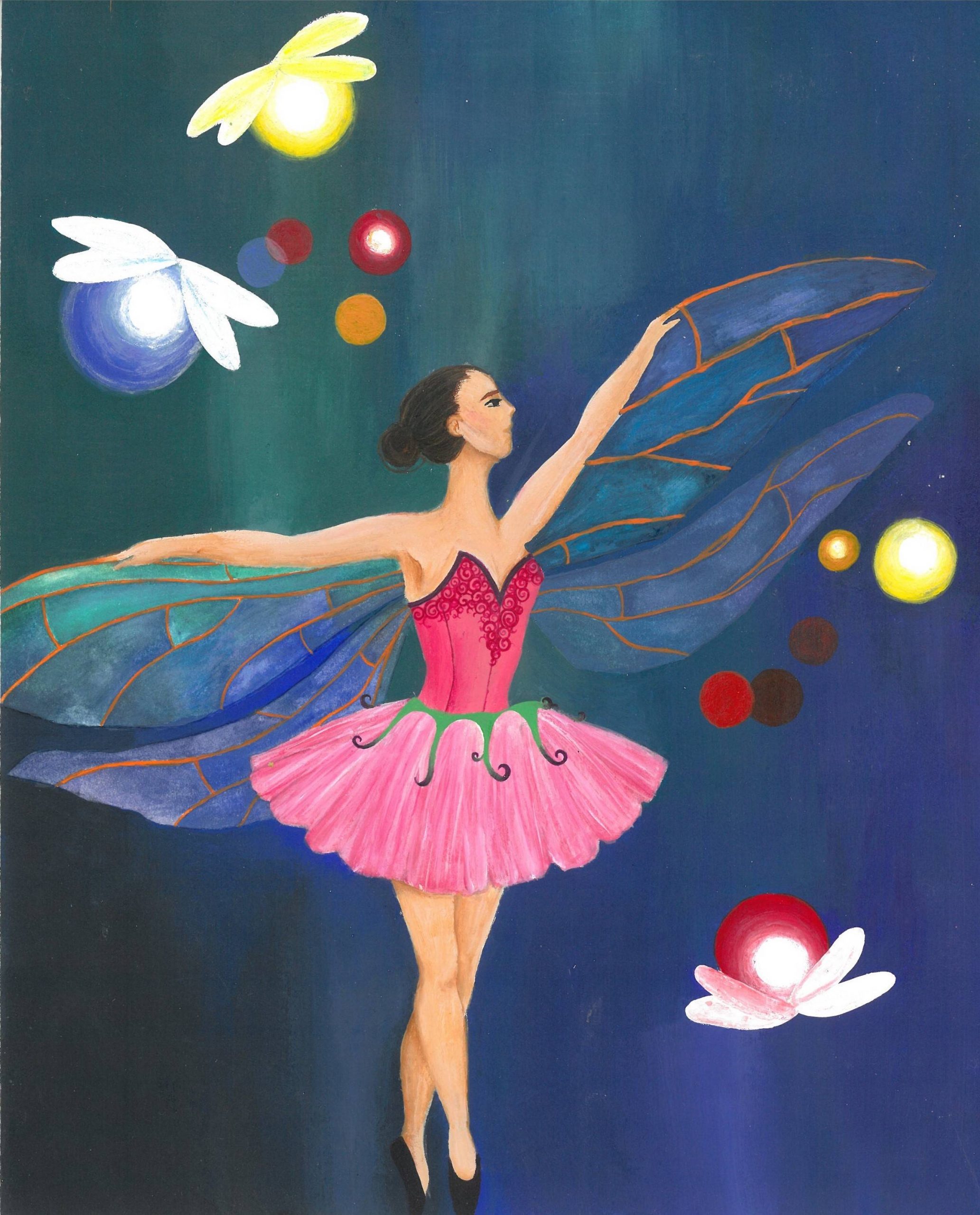 A ballerina with a pink dress on a blue canvas