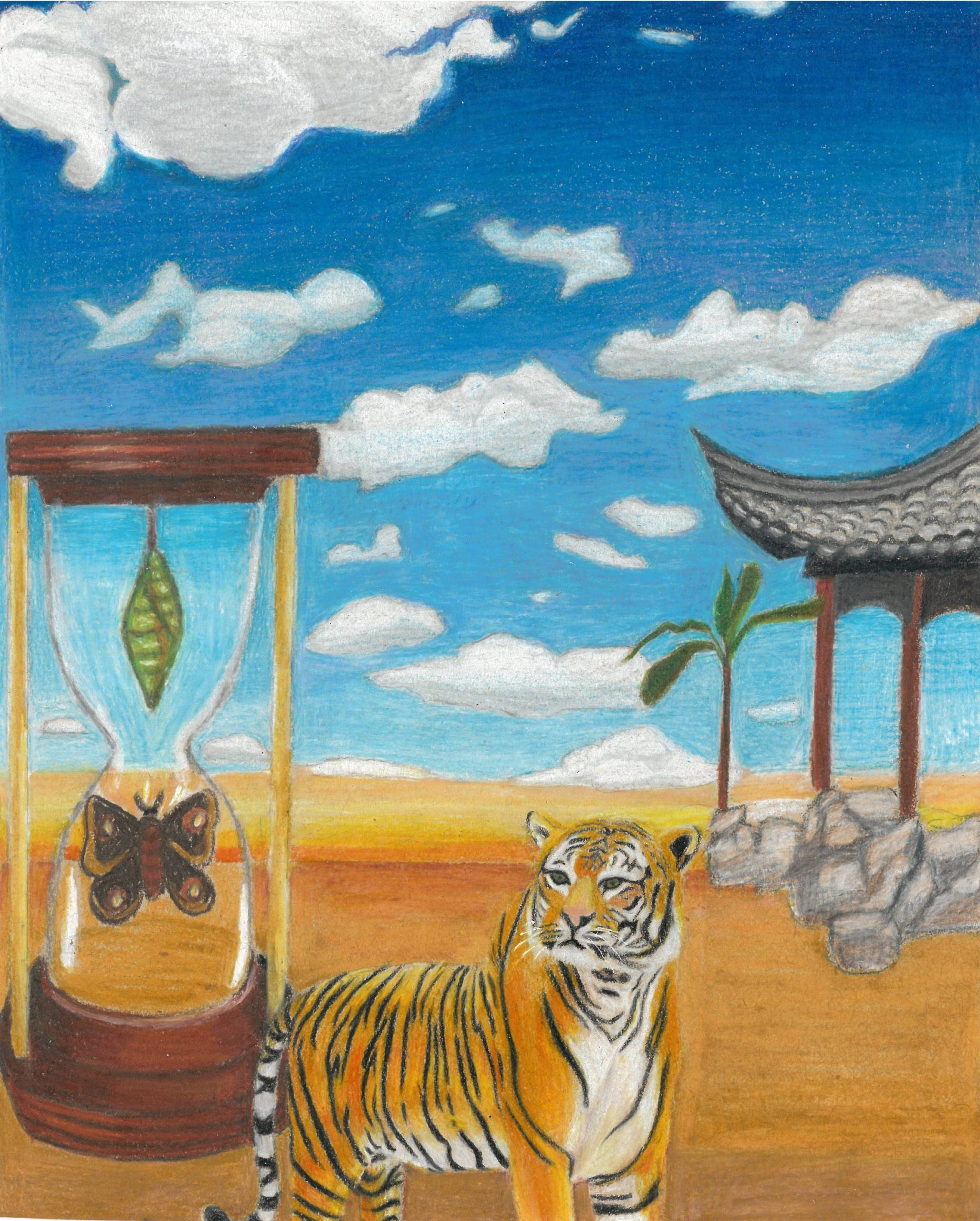 A tiger on a desert with an hourglass