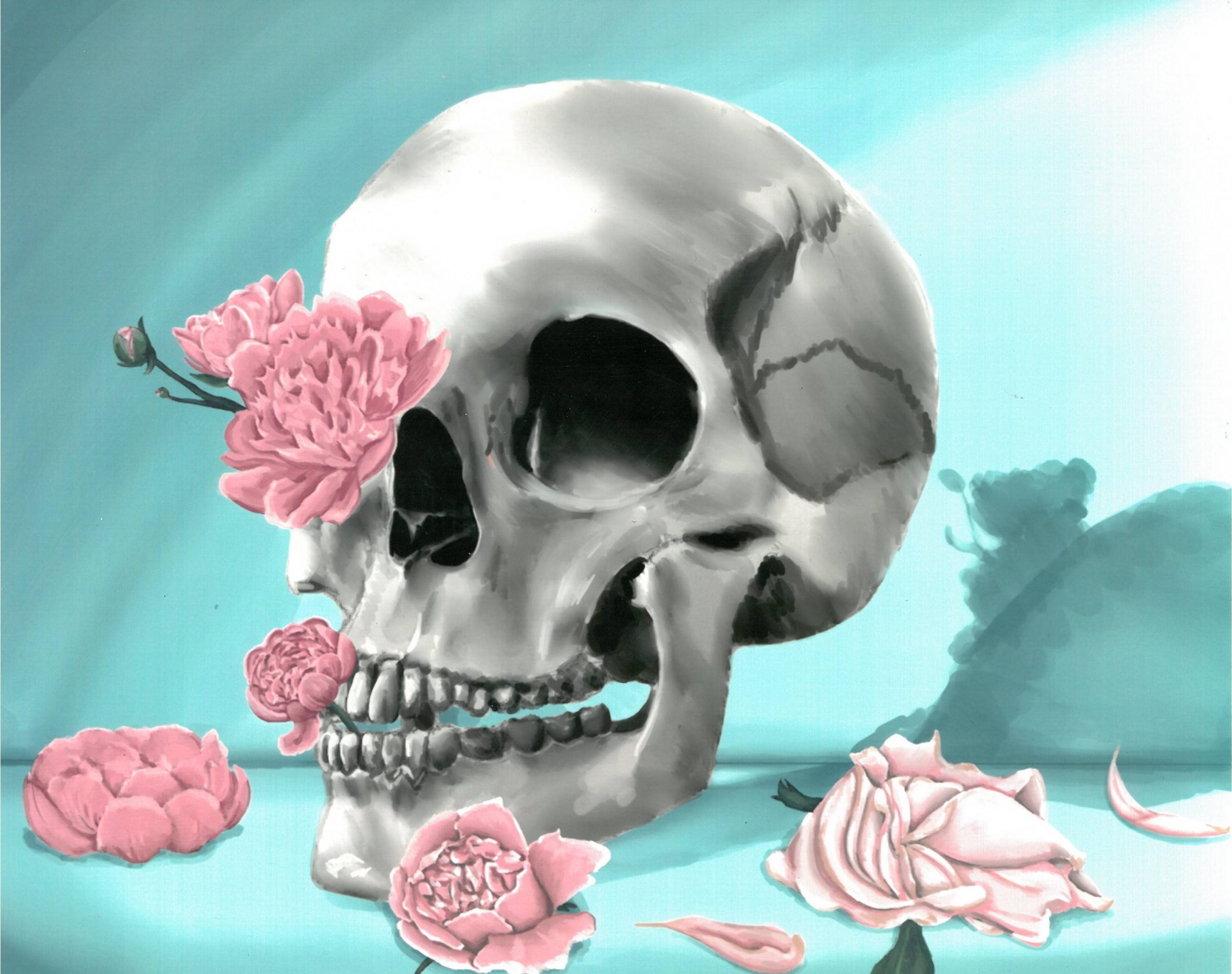A skull with pink flowers