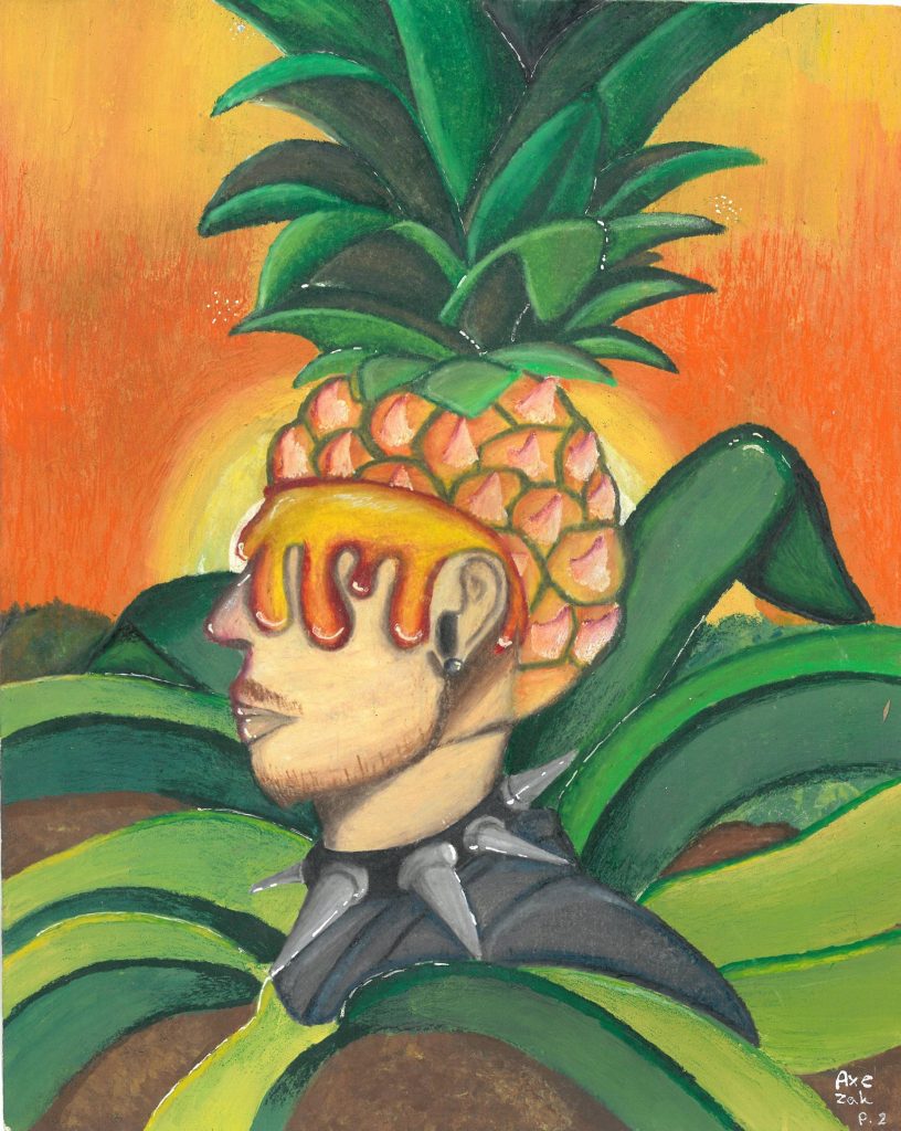 A painting of a human with a pineapple covering her face