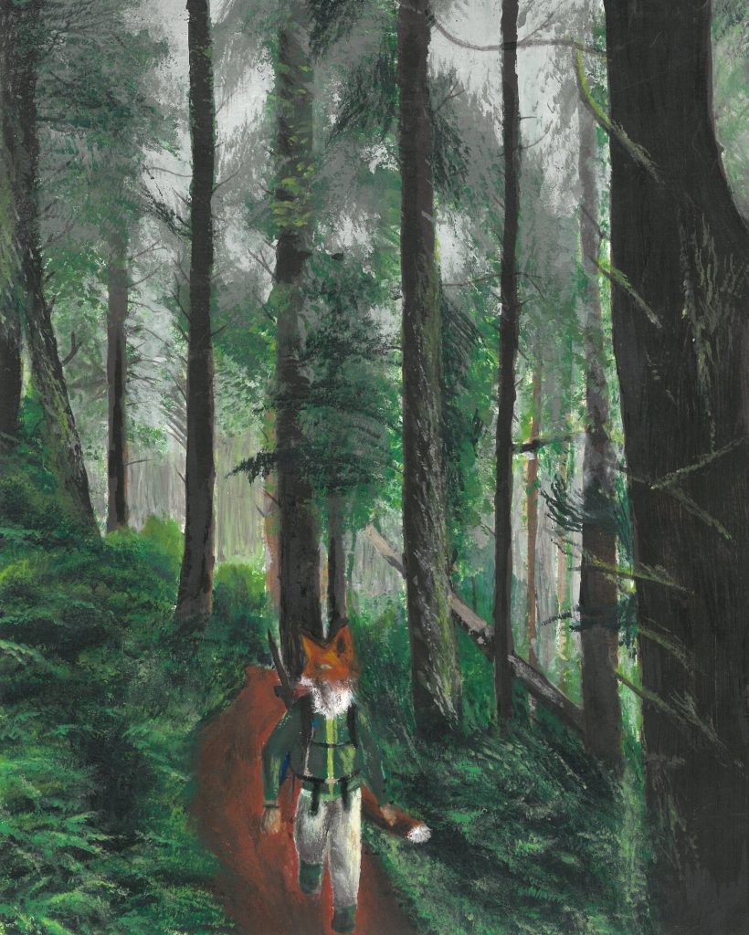 A human-like coyote is walking in the forest