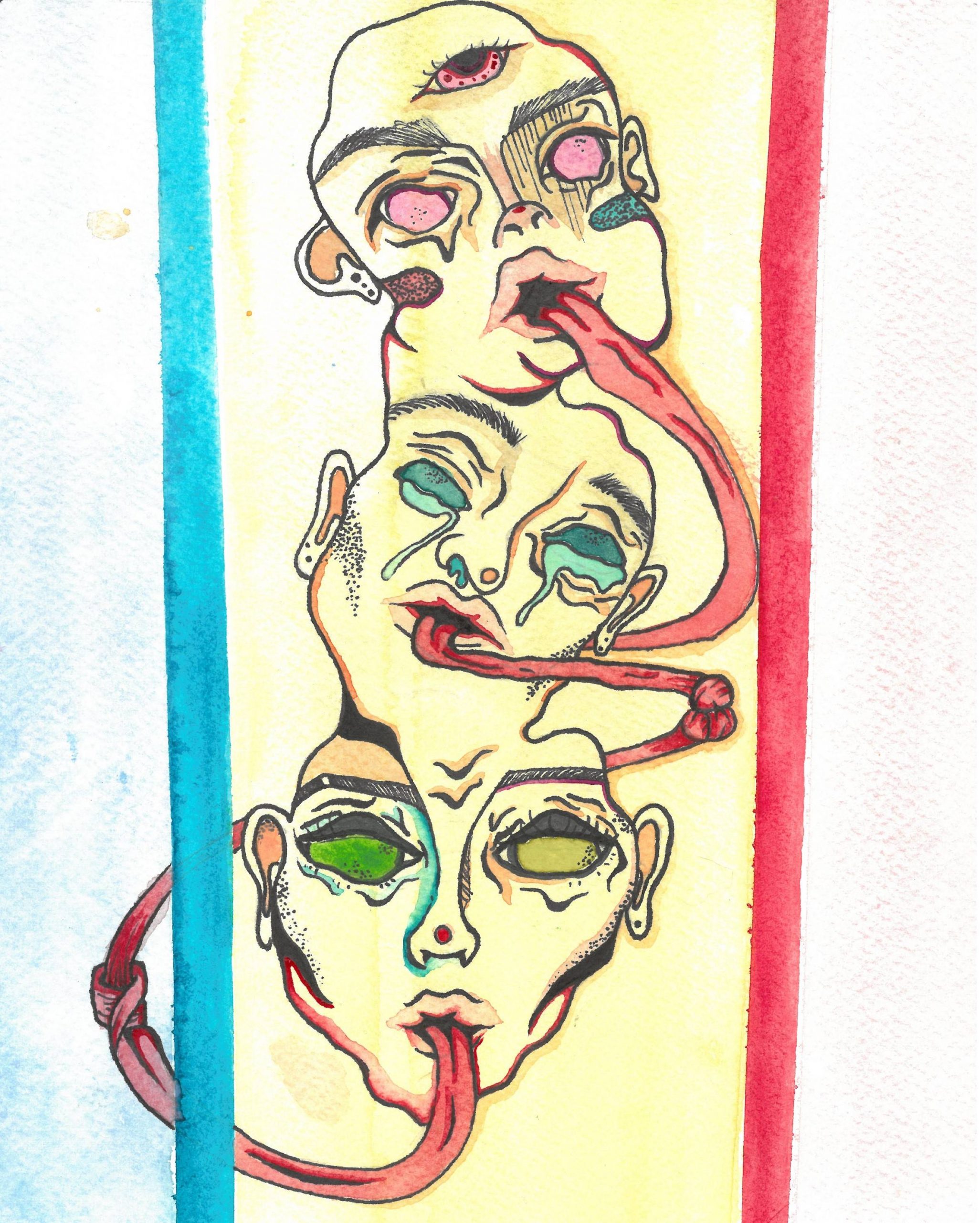 Three heads stacked with connected tongues.