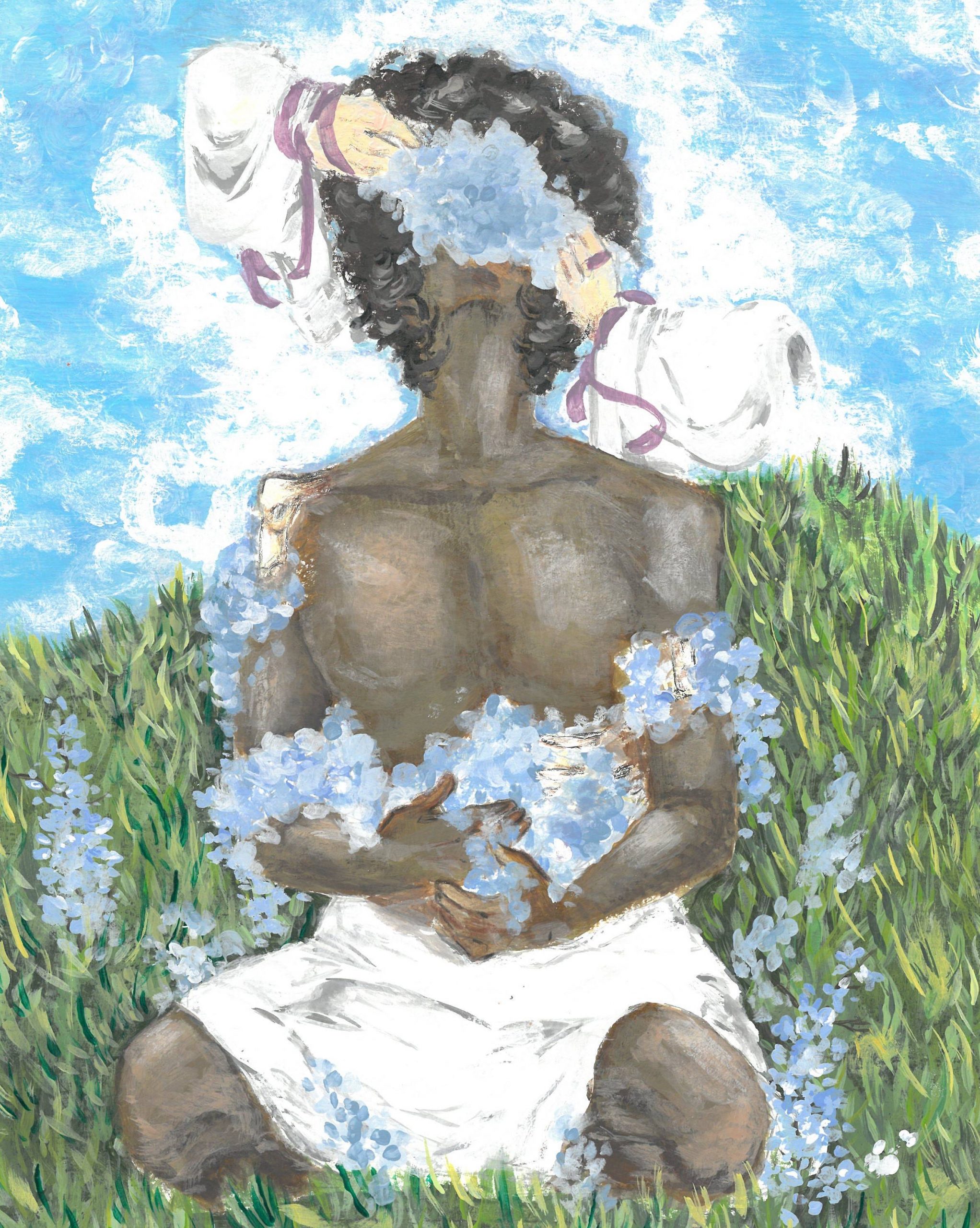 A man, partially naked, is sitting in the forest with his eyes covered