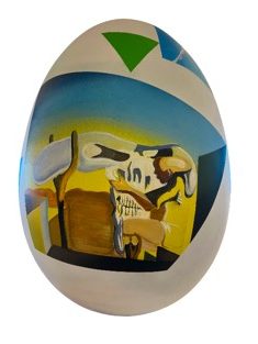 An oval egg with a Dali painting in it