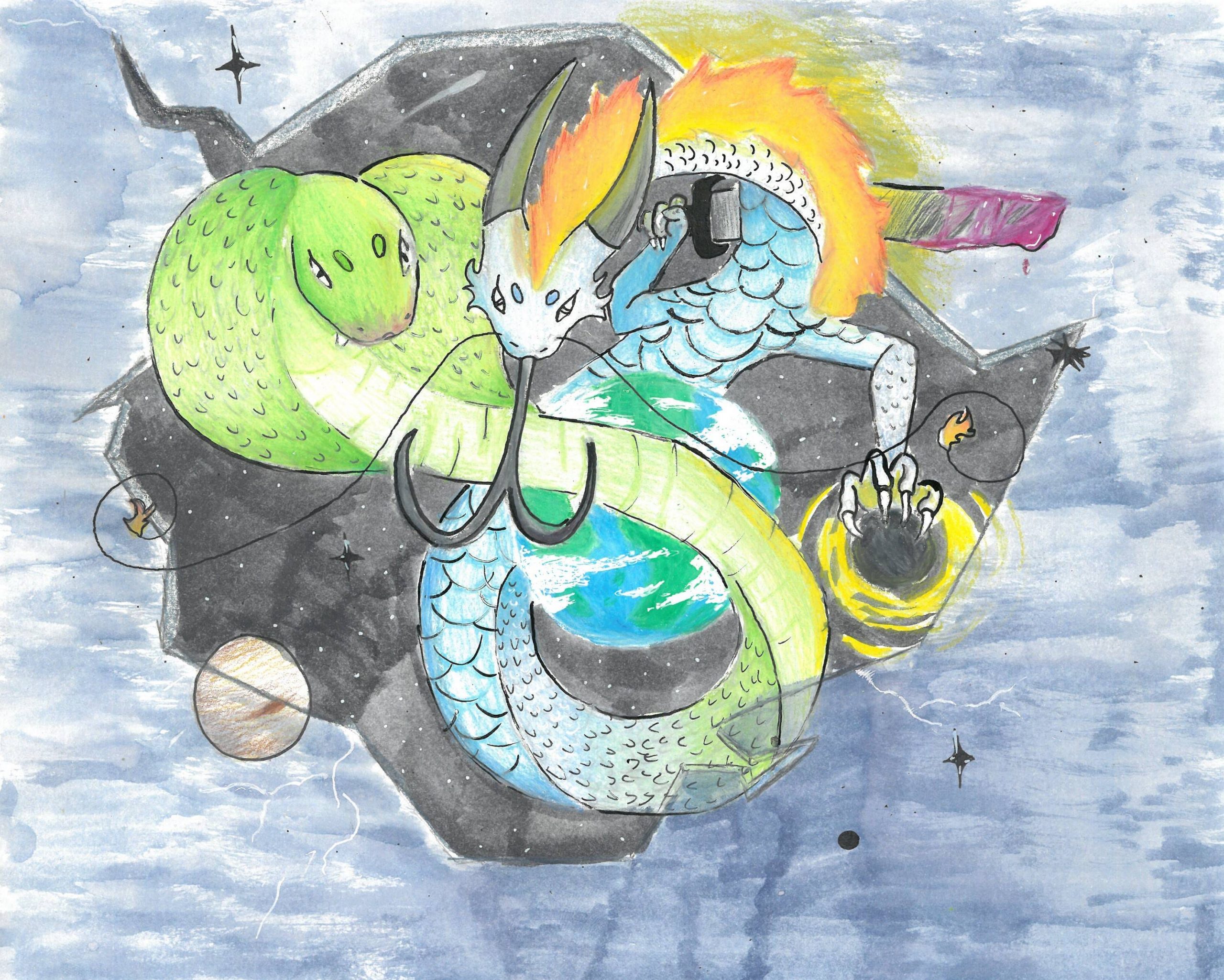 Drawing of dragon and snake creature surrounding the earth
