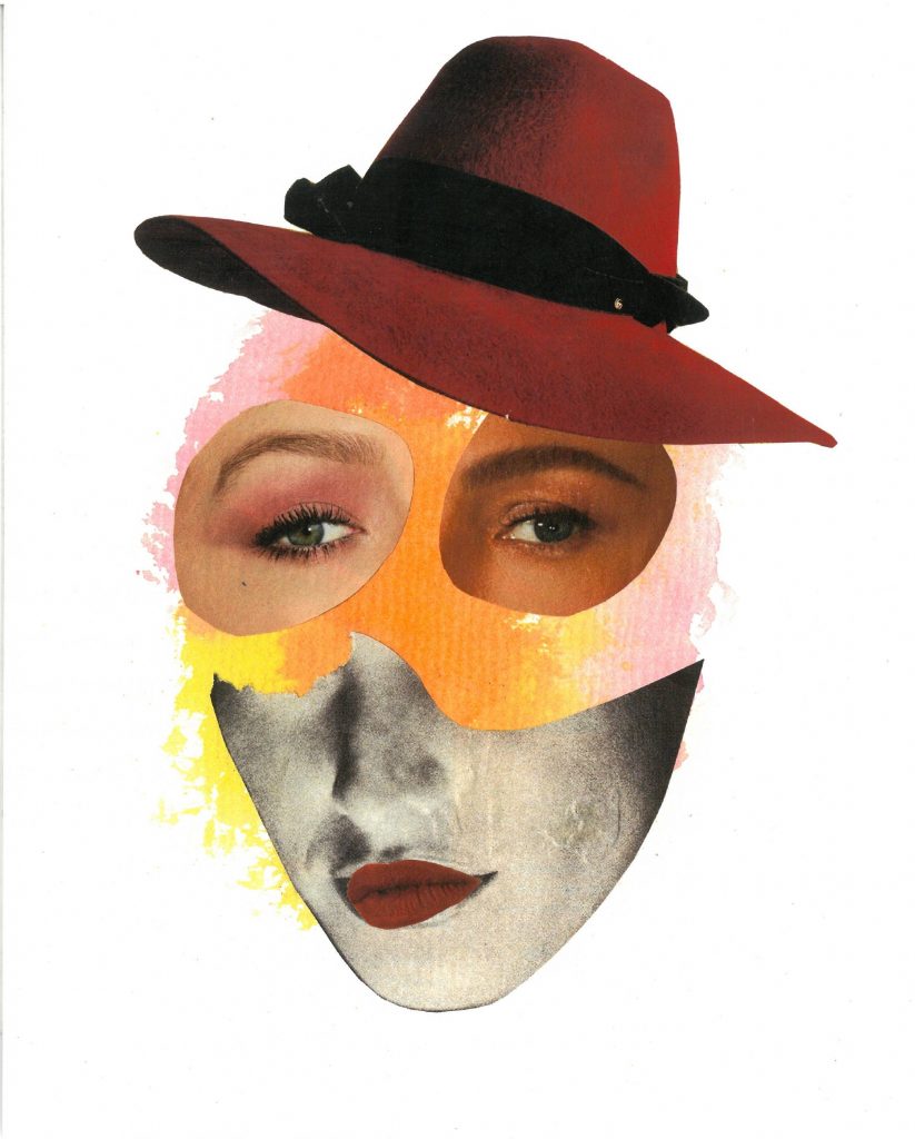 A woman\'s face with a red hat on her head
