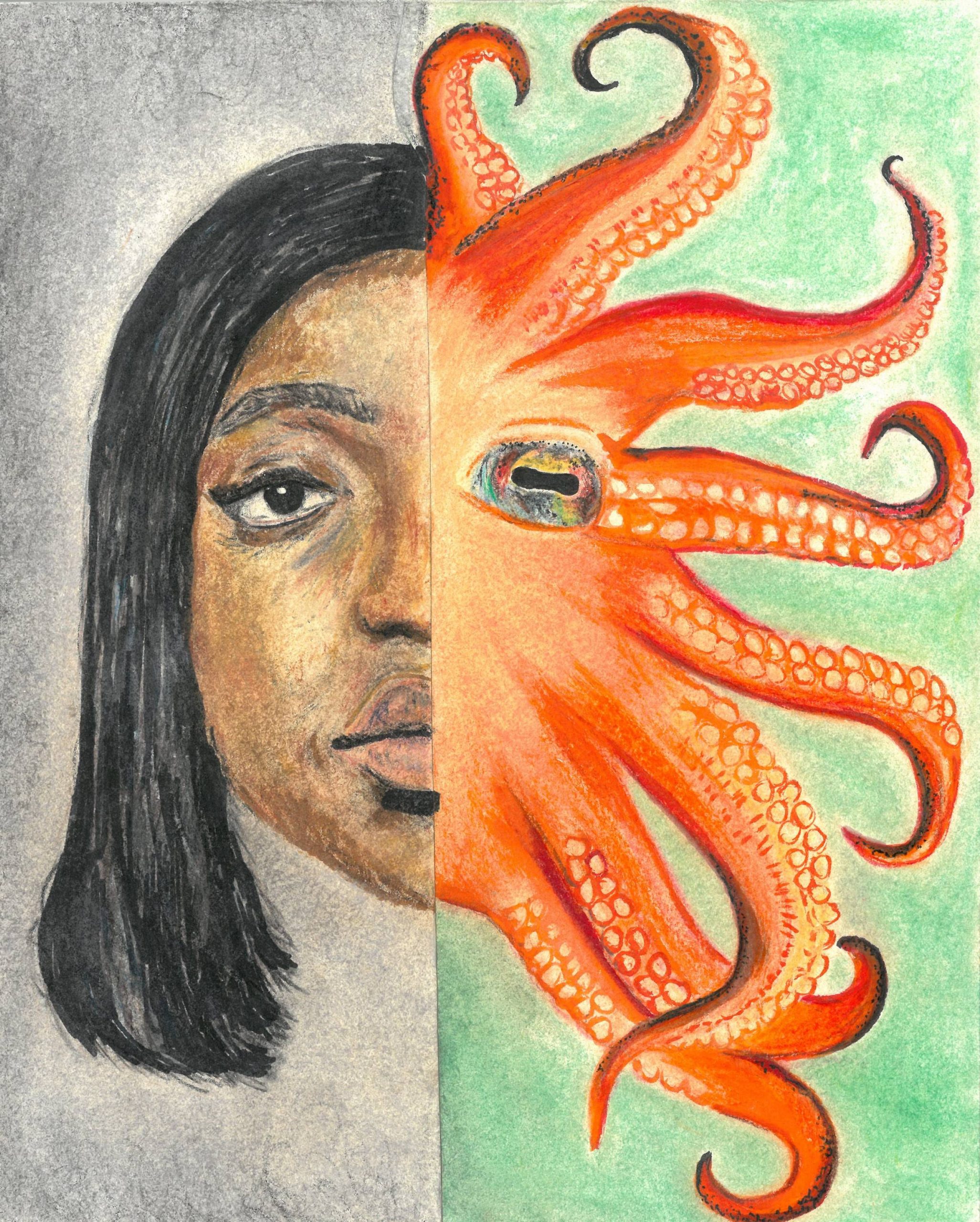 Drawing of half woman half octopus head