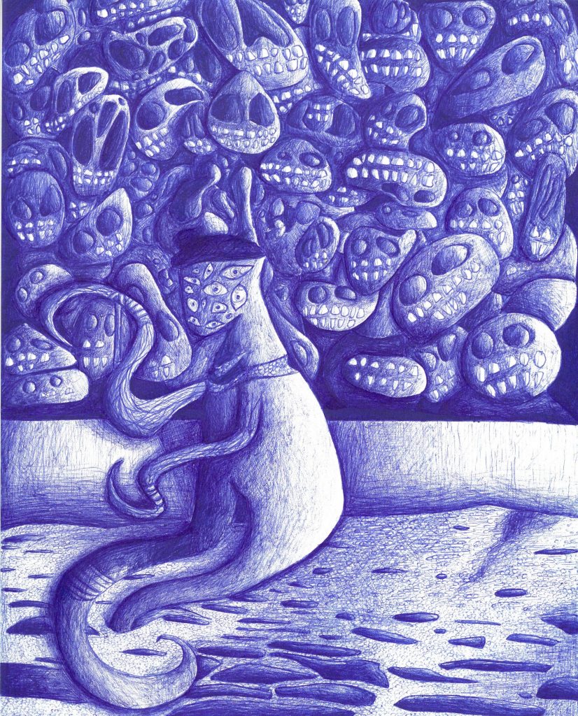 Blue Ink drawing of multiple eyed creature surrounded by smaller creatures.