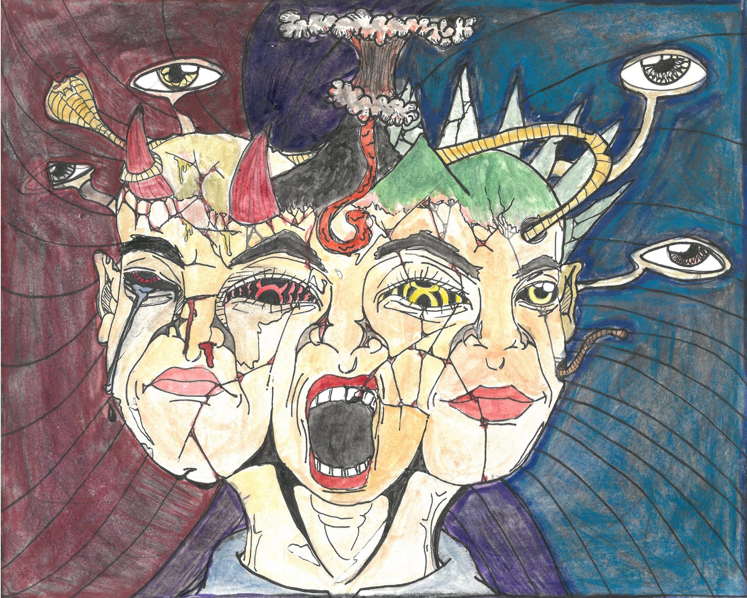 Three faces expressing different emotions