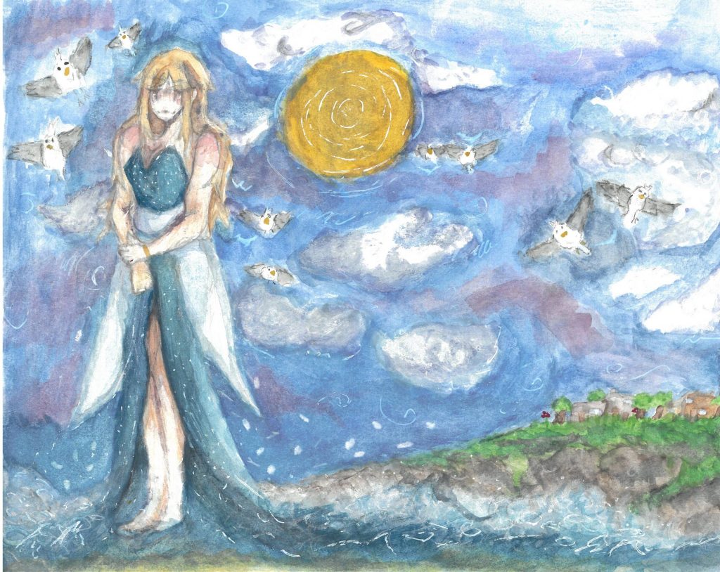 A blonde woman dressed in a blue dress with ocean beneath her