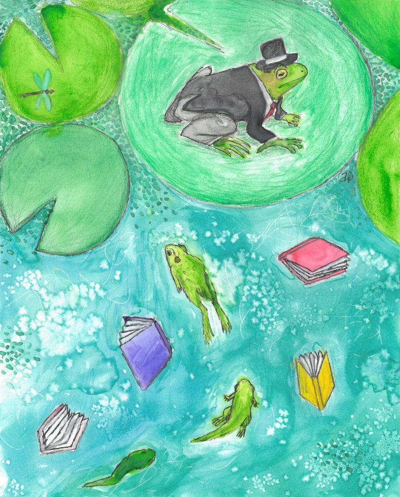 Frogs and books on a lake