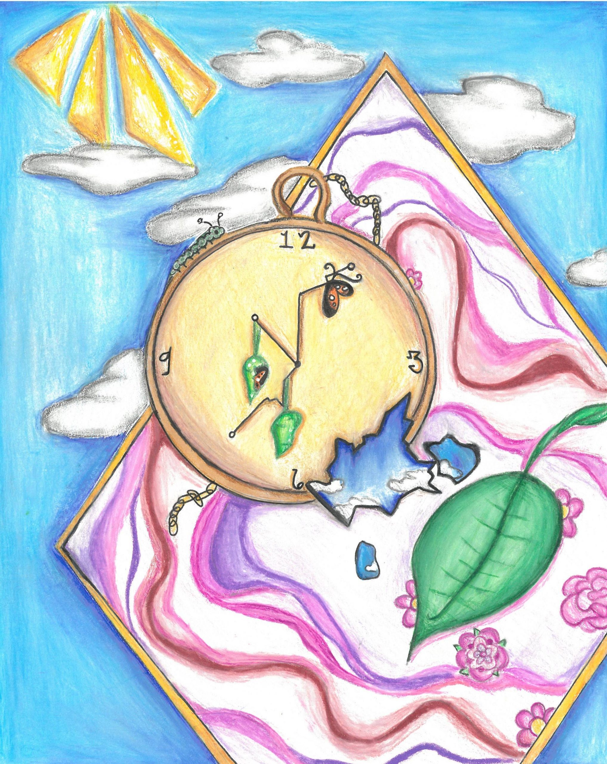 Drawing of clock in front of pink diamond shape